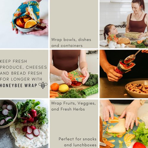 Honeybee Reusable Beeswax Wraps - Eco-Friendly Food Storage | 5 Pack | Handmade in Australia