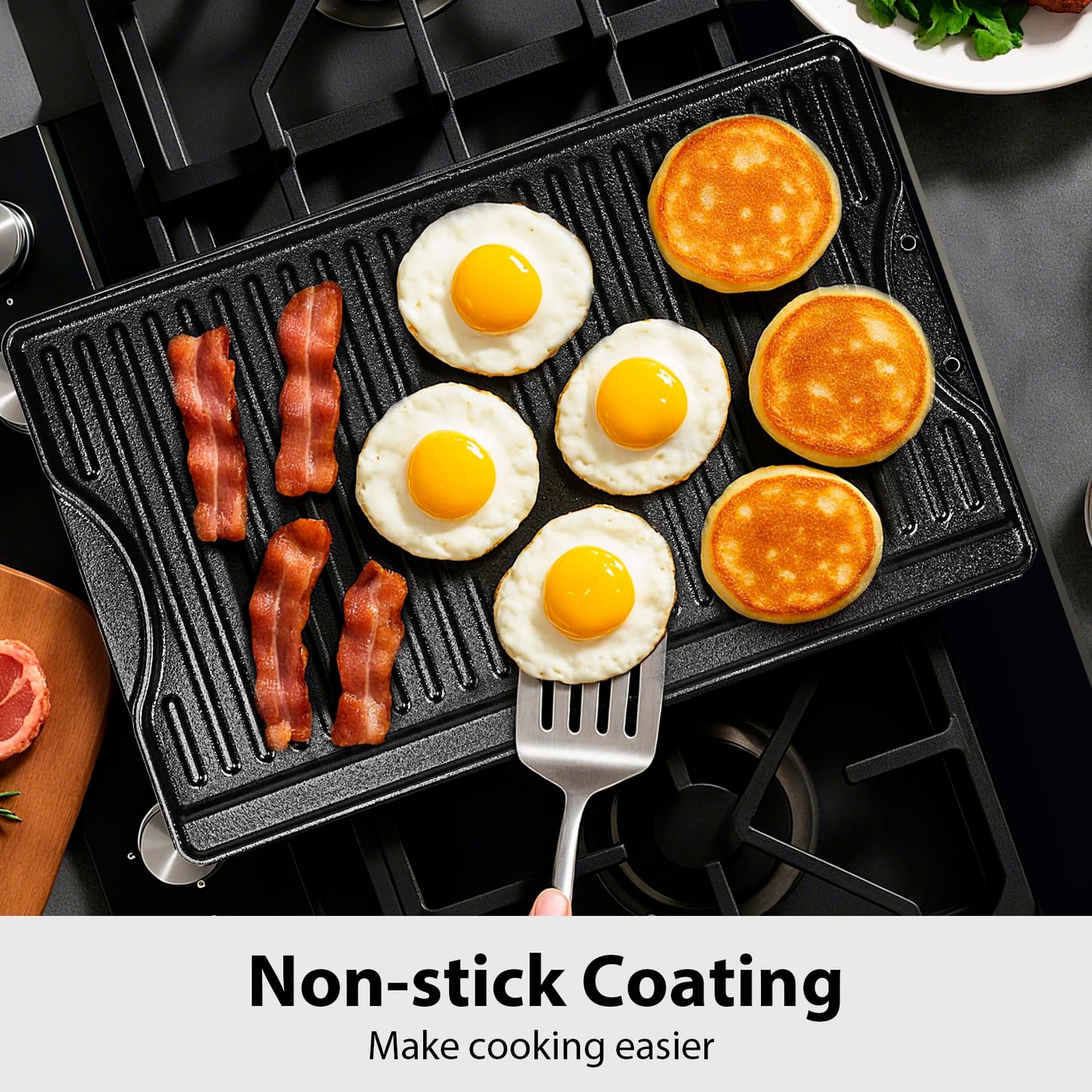 Utheer Nonstick Reversible Cast Iron Griddle 16.5" x 10.5", Ceramic Cooking Surface, Flat & Ribbed Sides, with High Sides & Grease Trap, Stovetop Griddle for Gas Grill, Charcoal, Oven & Outdoor BBQ