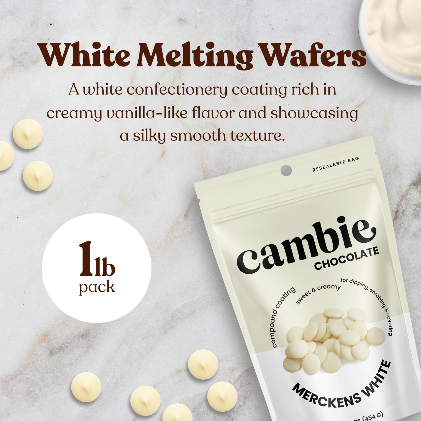 Merckens White Melting Chocolate - 1 Pound of Premium Quality White Chocolate Flavored Melting Wafers to make Dubai Chocolate Bar, Cake Pops, Cocoa Bombs, & Homemade Desserts