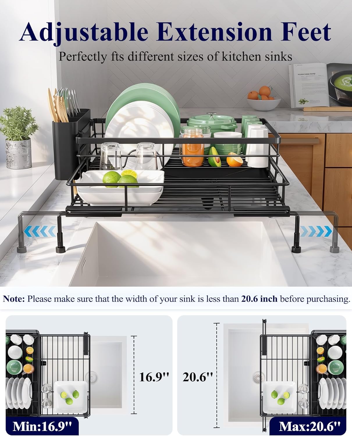 Kitsure Extendable Dish Drying Rack - Rust-Resistant Kitchen Rack with Adjustable Legs & Cutlery Holder | Black, 15.6''-25.2''L × 16.9''W × 8.1''H