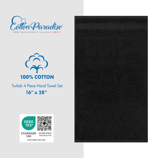 Cotton Paradise Hand Towels - 100% Turkish Cotton, Soft & Absorbent | 4-Piece Black Set