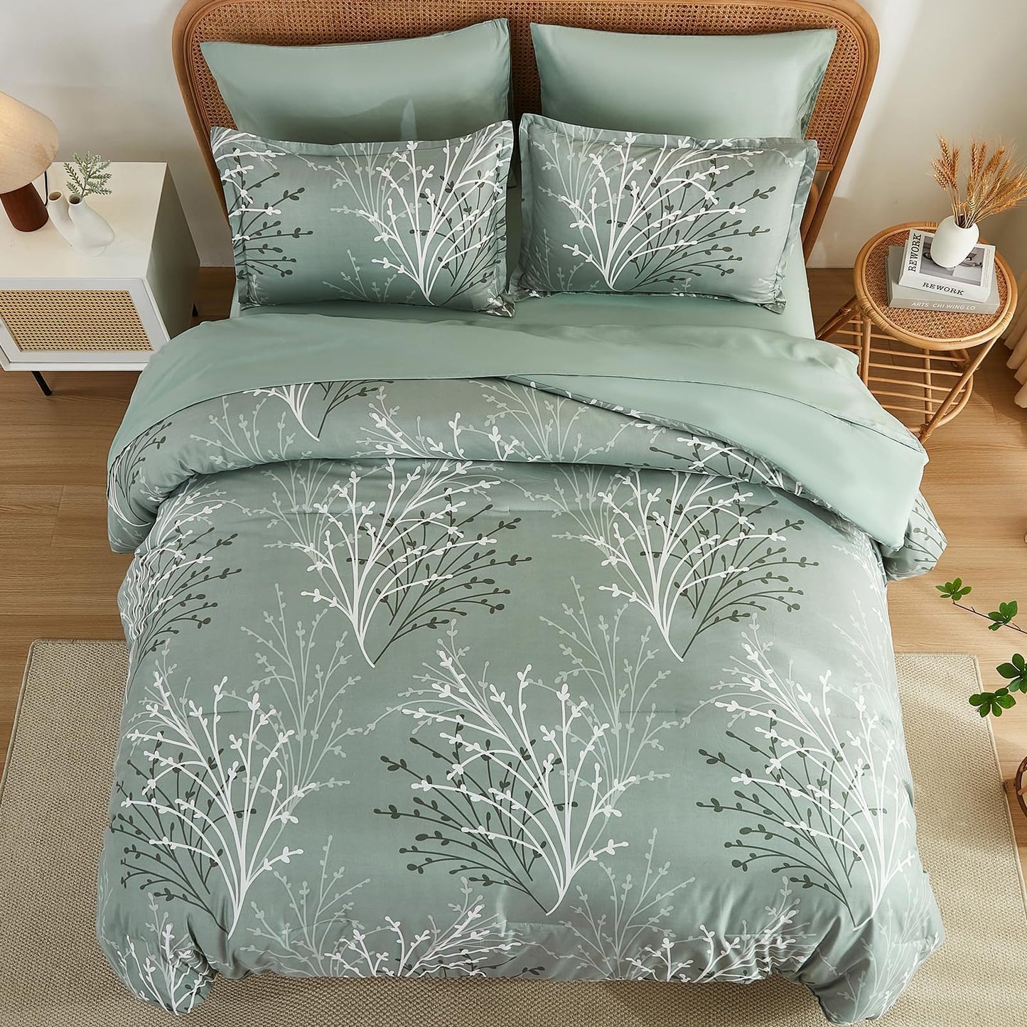 DJY Sage Green Comforter Set Queen Size Branch Botanical 7 Piece Bed in a Bag Green Floral Bedding Sets, Soft Microfiber Branches Leaves Pattern Reversible Comforter Set for All Season (90''x90'')