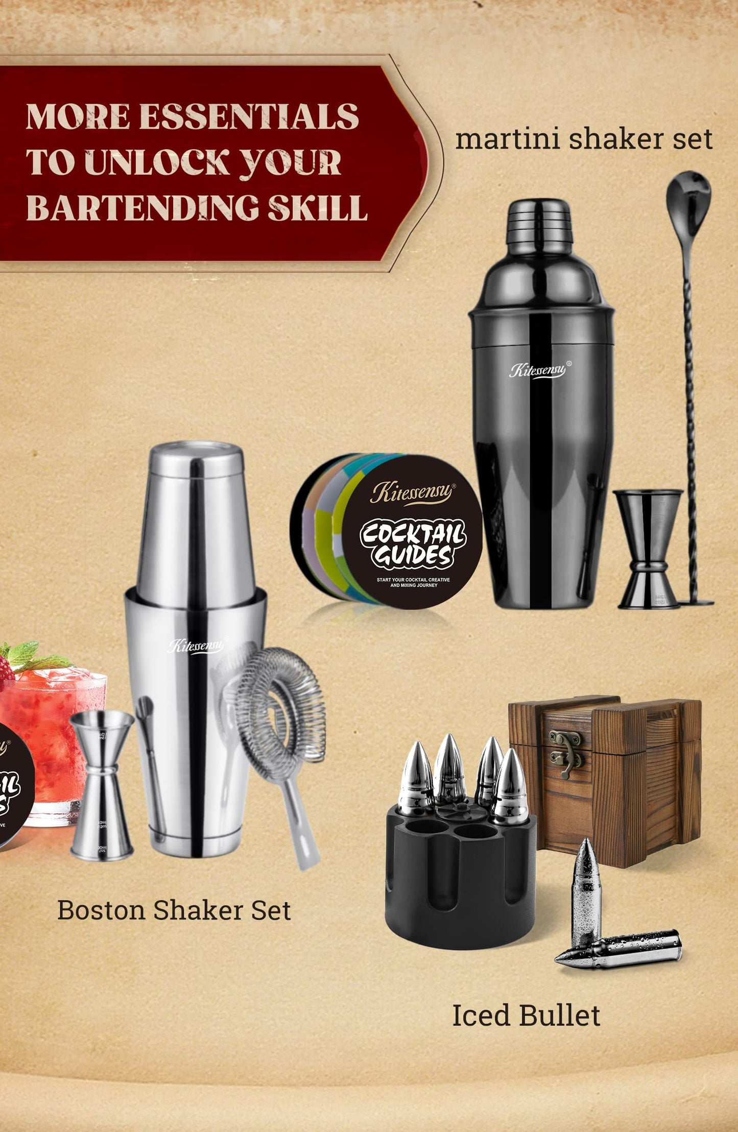 KITESSENSU Cocktail Shaker Set, Stainless Steel Martini Shaker with Bartender Strainer, Measuring Jigger, Bar Mixing Spoon, Cocktail Recipe Included, Pink
