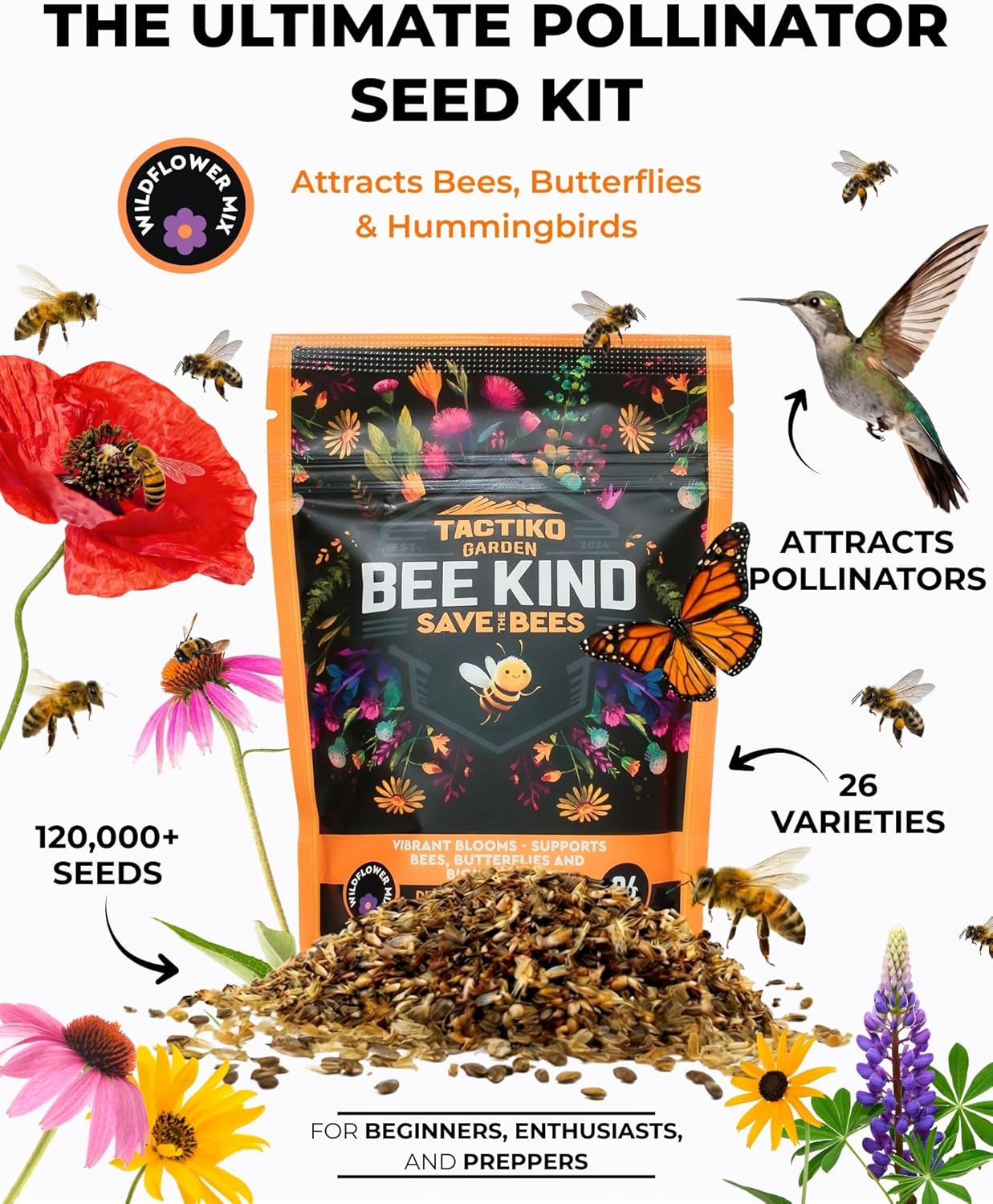 Tactiko Garden Wildflower Seeds Mix - 120,000+ Annual & Perennial Seeds for Pollinators | 4 oz, Covers 600 sq ft
