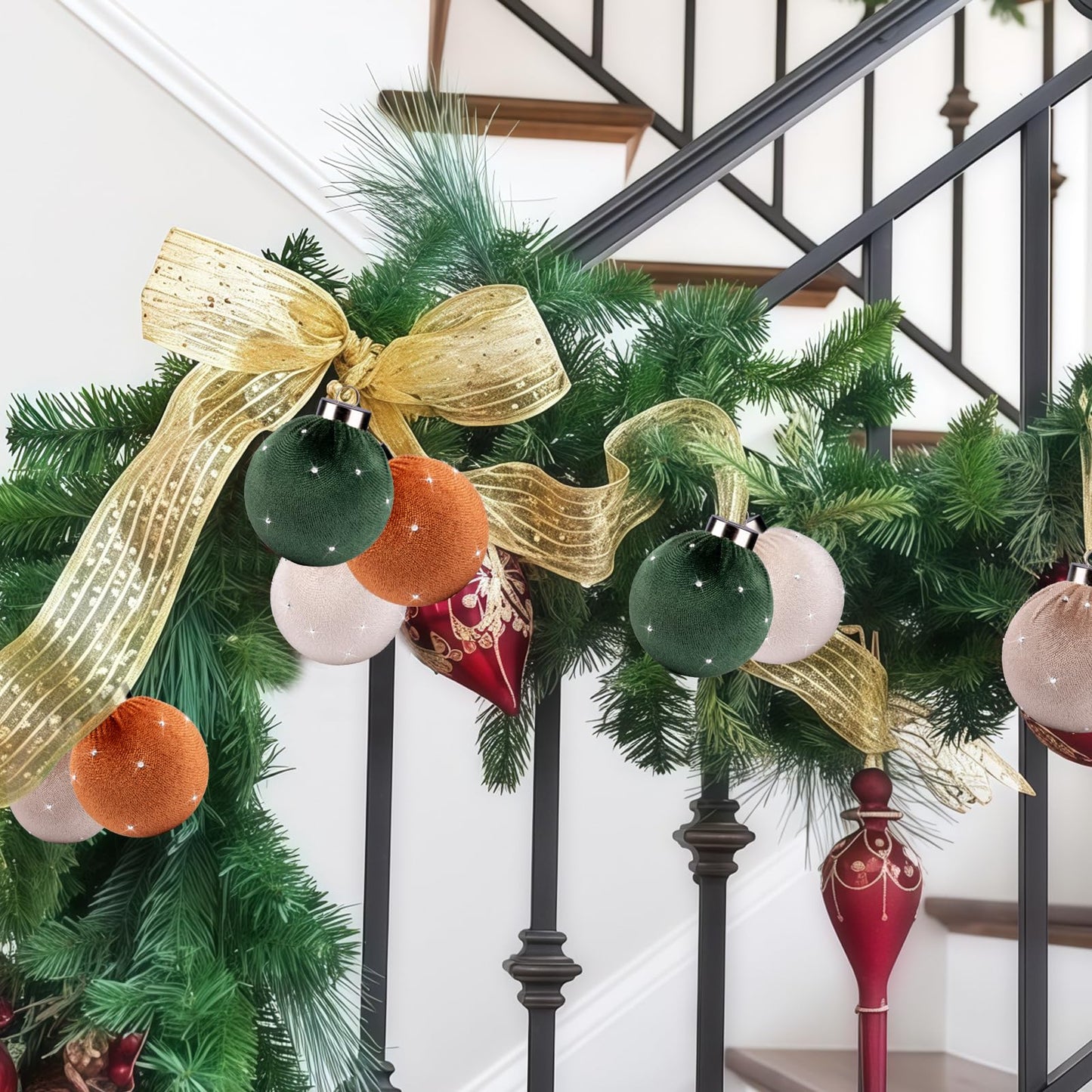 TonJin Christmas Tree Ornaments Velvet Balls 12 Pack, 2.36"/60mm Glitter Shatterproof Hanging Flocked Xmas Bulbs Decorations, Lightweight, Burnt Orange Green Beige Neutral,Holiday Party Home Decor