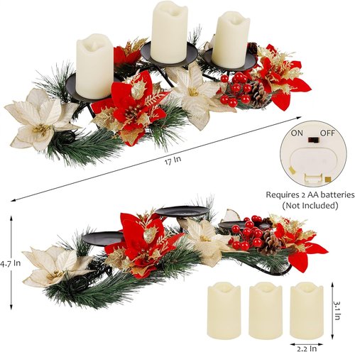 Joliyoou Christmas Poinsettia Candle Holder - 17.5" Tabletop Centerpiece with 3 Battery Operated Lights