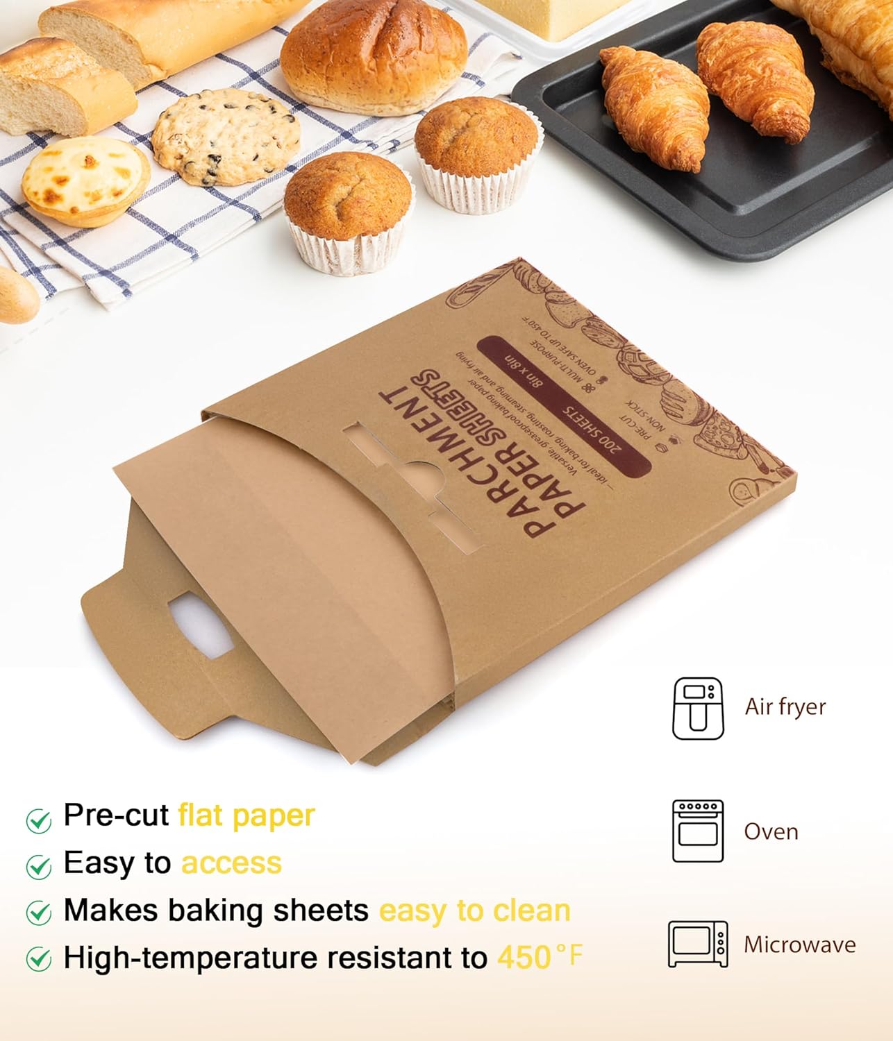 Parchment Paper Sheets - 200PCS Non-Stick Baking Squares | 10x10in for Air Frying & Grilling