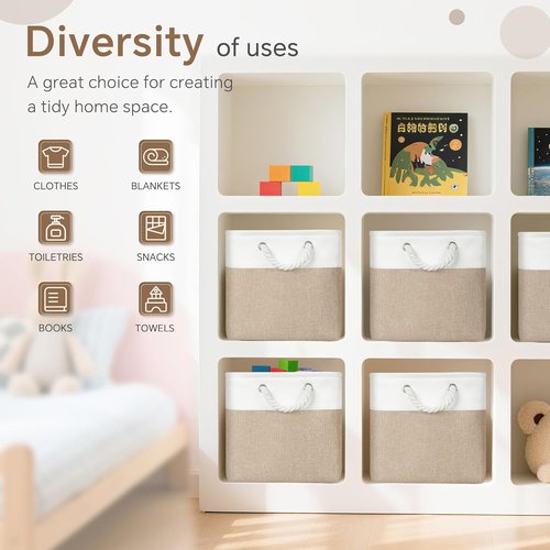 FinishingBo Fabric Storage Cubes - 6 Pack 11x11 Inch Bins with Handles for Home & Office | White/Khaki