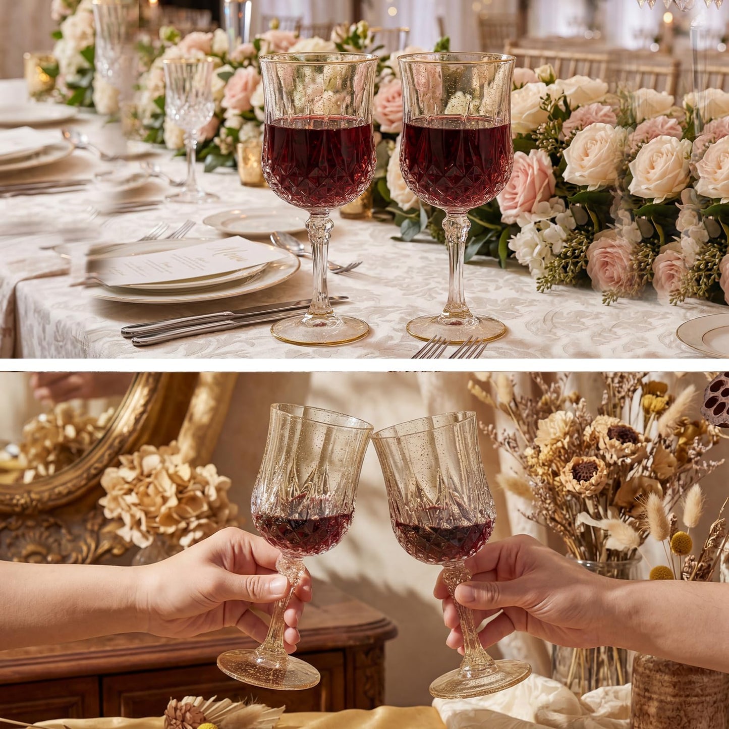 Sliner 48 Pcs Plastic Wine Glasses 7oz Vintage Drinking Goblets Unbreakable Crystal Water Glassware Reusable Diamond Champagne Flutes Cups for Wedding Banquet Birthday Party Supplies(Gold Glitter)