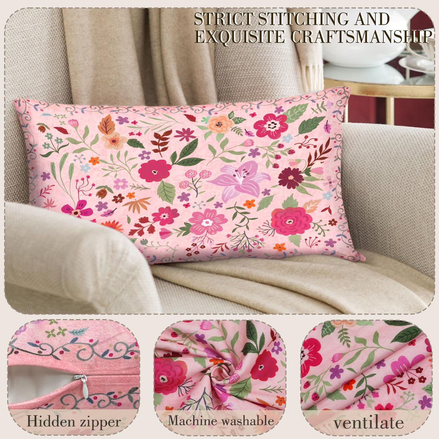 COARVXA Floral Pillow Covers 18x18 Set of 2,Pink Farmhouse Floral Pillow Covers Decor Double Sided Pattern Cushion Cover Soft Pillow Case for Living Sofa Room Bed Porch Patio Square Pillow Cover