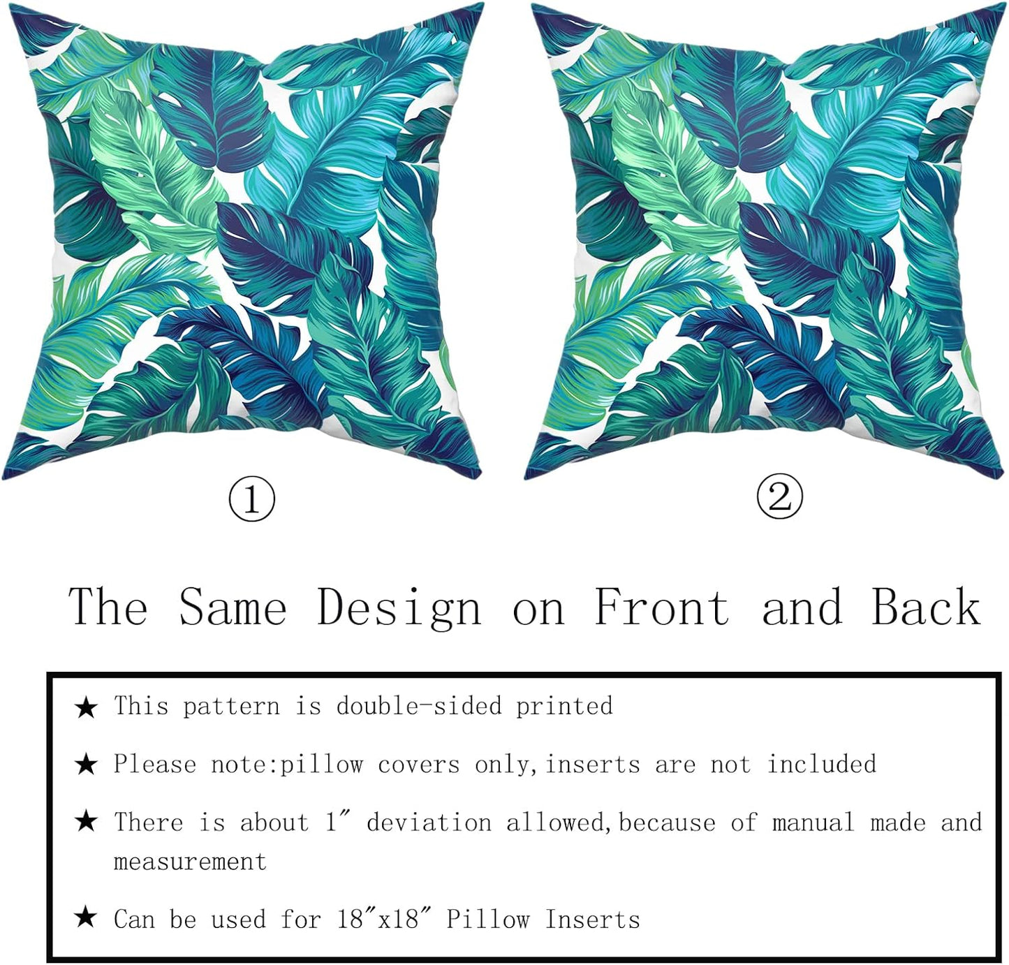 Sweetshow Tropical Leaves Pillow Covers - Set of 2 Green Palm Leaf 12x12 Inch Soft Cotton Cushion Covers for Home Decor