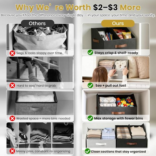 **UPGRADED HEIGHT Trapezoid Storage Bins by Closet Organizers - Collapsible Fabric Bins with Handles & Adjustable Dividers (6pcs, Medium, Ivory)**