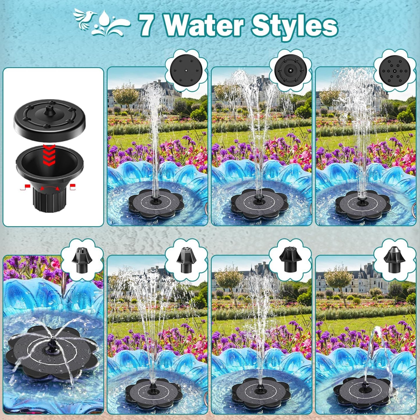 Yzert Solar Fountain - Flower Shape 3.5W Solar Water Fountain with 7 Nozzles & 4 Fixer Rods | Ideal for Bird Baths, Gardens & Ponds