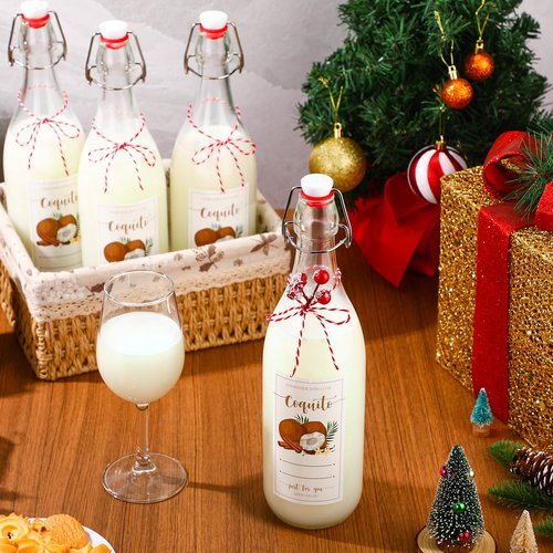 Havawish 6 Pcs 33.8 oz Christmas Coquito Swing Top Glass Bottles for Homemade Coquito Clear Flip Top Bottles with Airtight Cap Lids Labels for Christmas Home Brewing Coquito Beverages Liqueur
