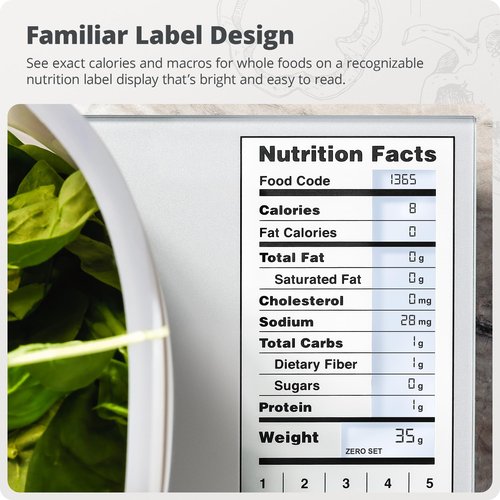 Greater Goods Food Scale with Nutrition Calculator, Non Connected Calorie Scale for Meal Prep, Weight Loss, 2000 Pre-Loaded Food Codes, Compact Kitchen Scale, Battery Operated, 11lb Capacity, Silver