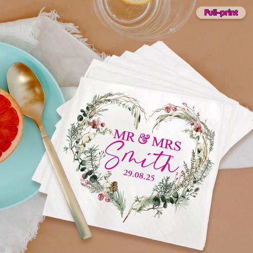 GODMERCH Personalized Wedding Cocktail Napkins - Custom Heart Floral Dinner Napkins for Bridal Shower, Mr Mrs Napkin, Customized Printed Cocktail Napkin for Engagement Table Décor Party Elegant