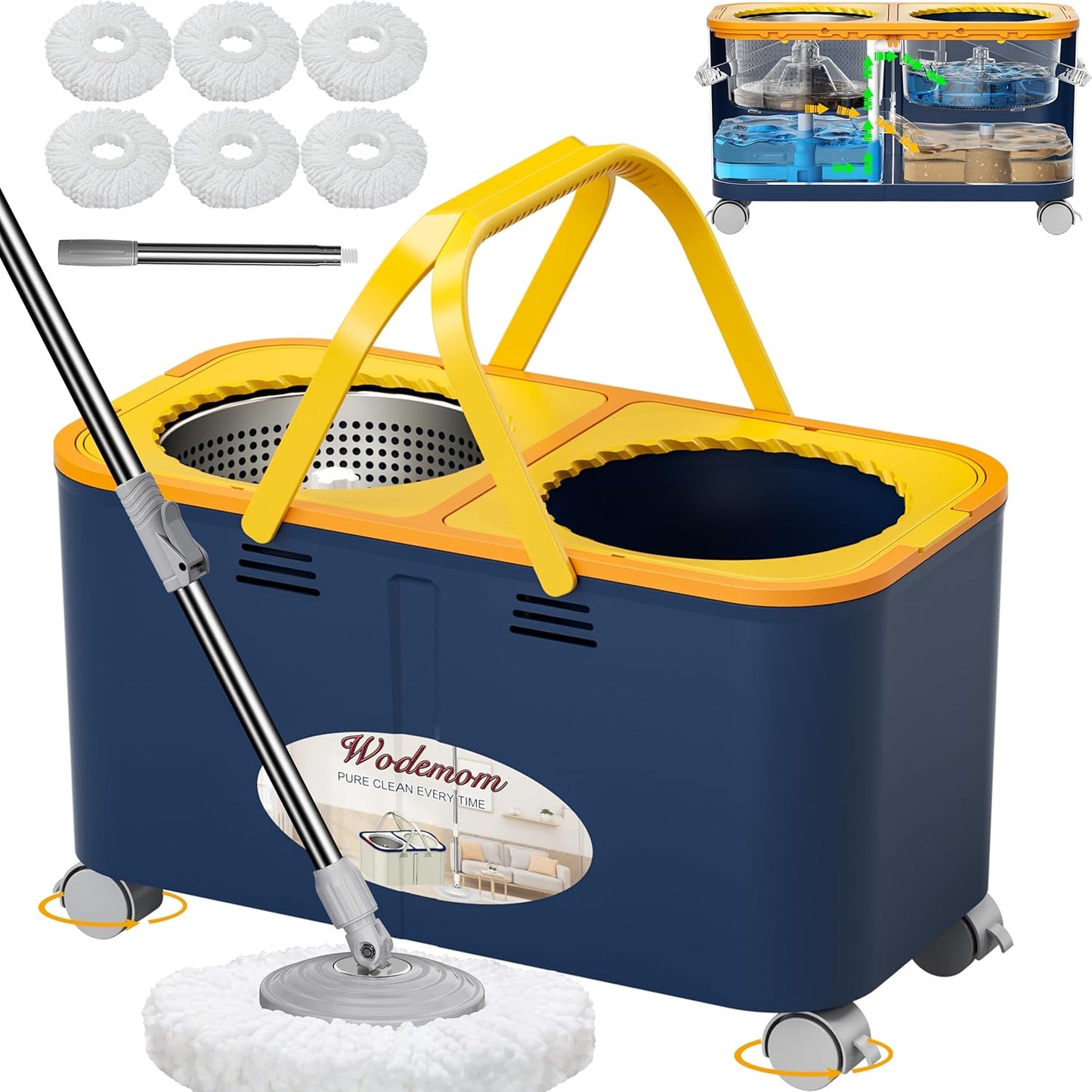 Skiennix Compact Spin Mop & Bucket - 360° Swivel Wheels, 61" Handle, 6 Reusable Mop Heads - Blue/Yellow