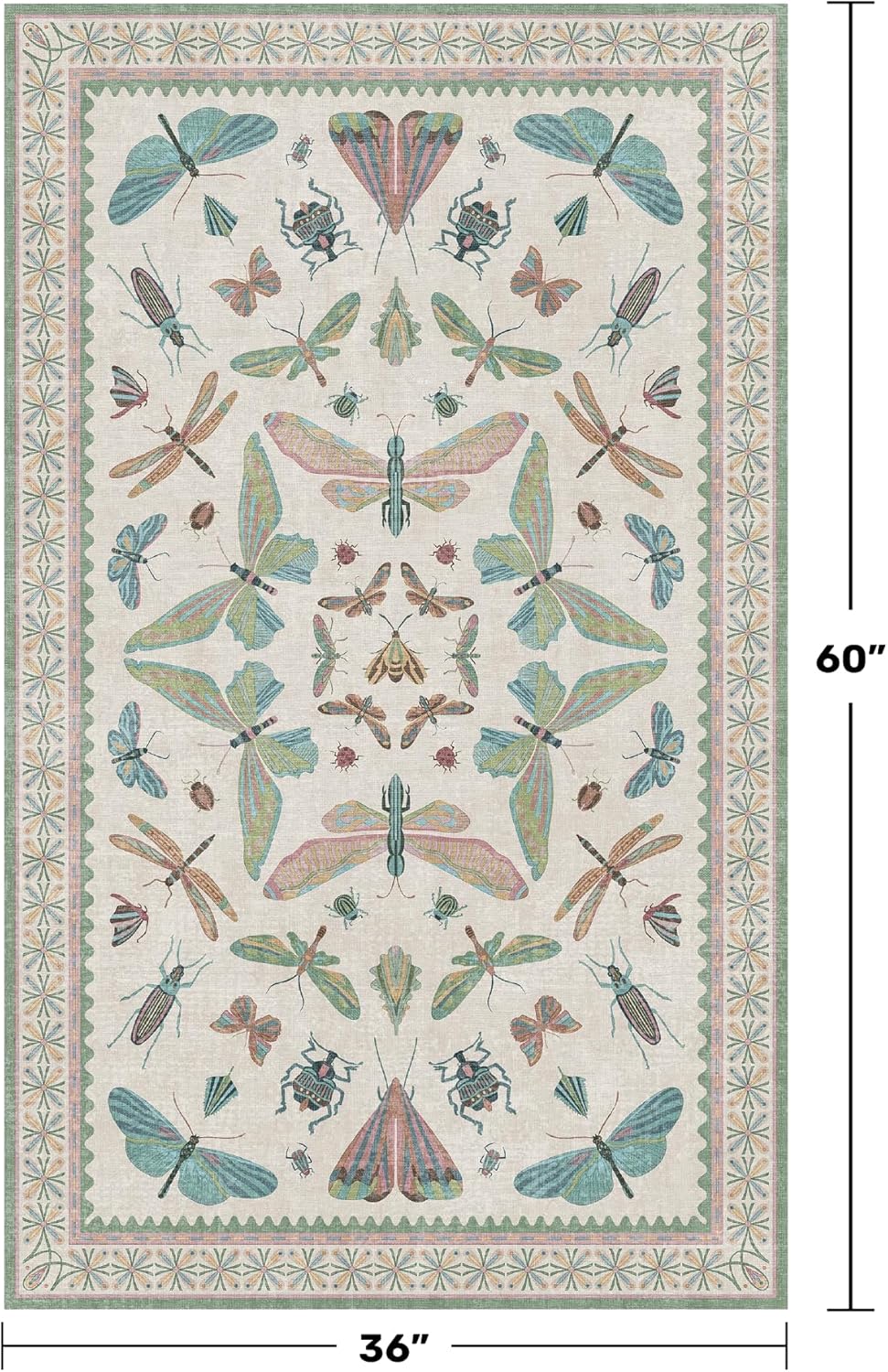 Regine Switzerland Washable Sage Green Area Rug - Large 3x5 Non-Slip Vintage Floral Design