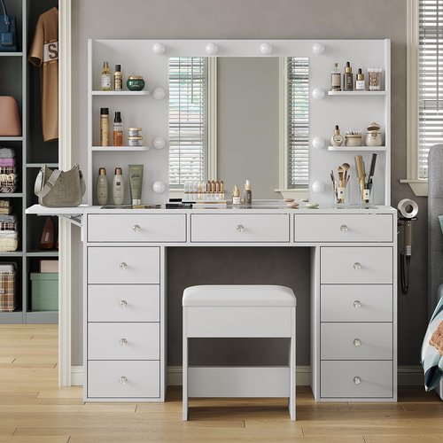 FUSOU Vanity Desk with Power Outlet, 11 Drawers Makeup Vanity with Lighted Mirror, 3 Colors Adjustable, Glass Top Vanity with Chair, 4 Shelves and Fold-up Panel, Dressing Table for Bedroom, White