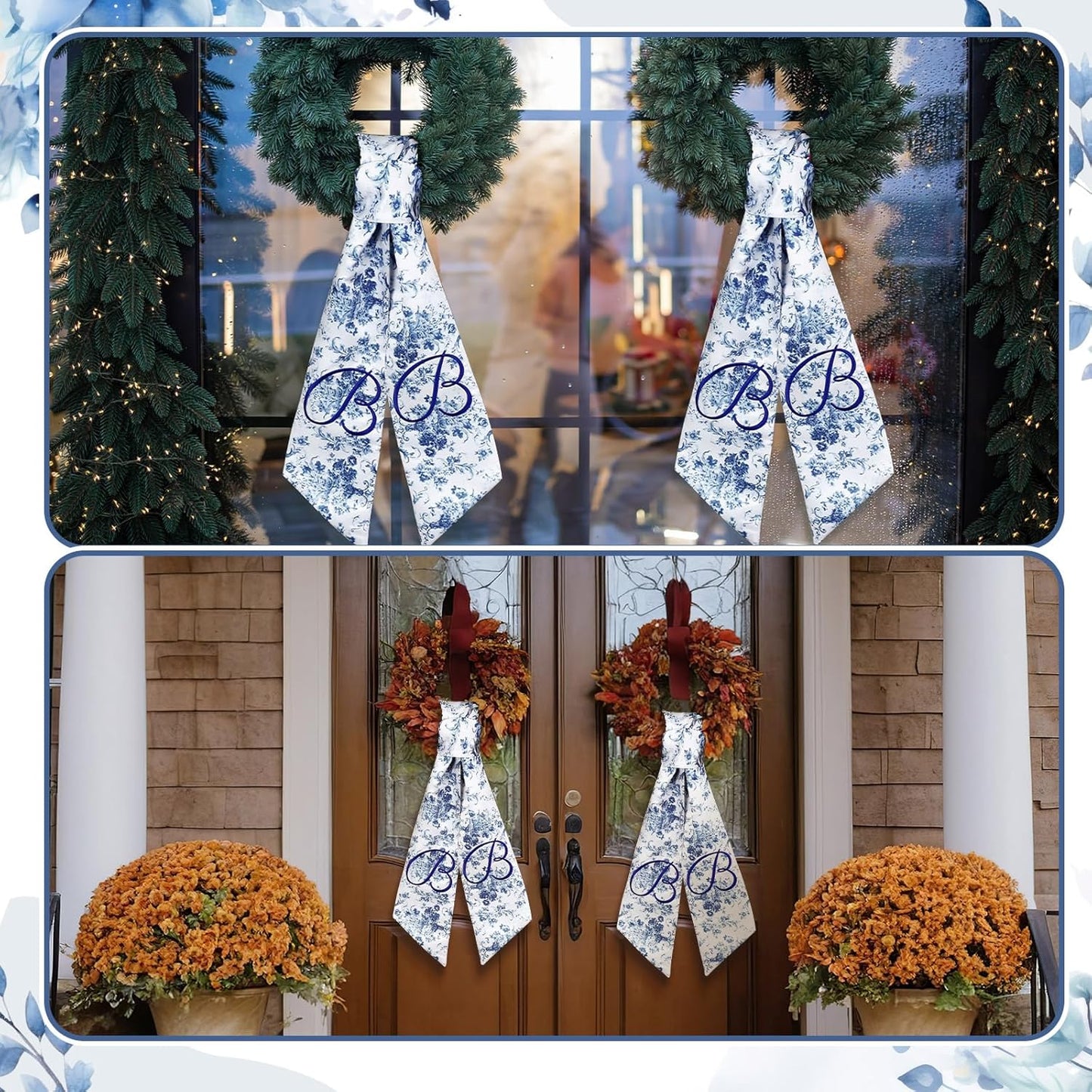 Mindsoft Monogram Wreath Sashes - Embroidered Letter B Design | 56.2 Inch Blue & White Door Decor