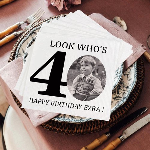 Custom Photo 40th Birthday Napkins, Personalized 40th Birthday Napkins, Look Who's 40 Portrait Napkin, Cocktail Beverage Napkin, Birth day Party Decorations, Birth day Party Supplies