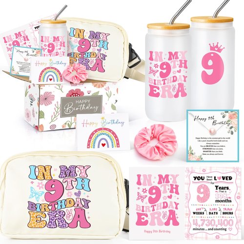 Frerdui 9 Year Old Girl Birthday Gifts, Cute Presents for 9 Year Old Girls, Tween Girl Gift Basket for 9th Daughter, Sister, Niece, Granddaughter, 6-Piece Set