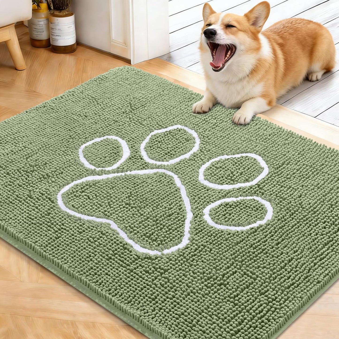 OLANLY Dog Door Mat - Absorbent Muddy Paws Doormat | Non-Slip Chenille, Quick Dry, 40x32, Sage Green