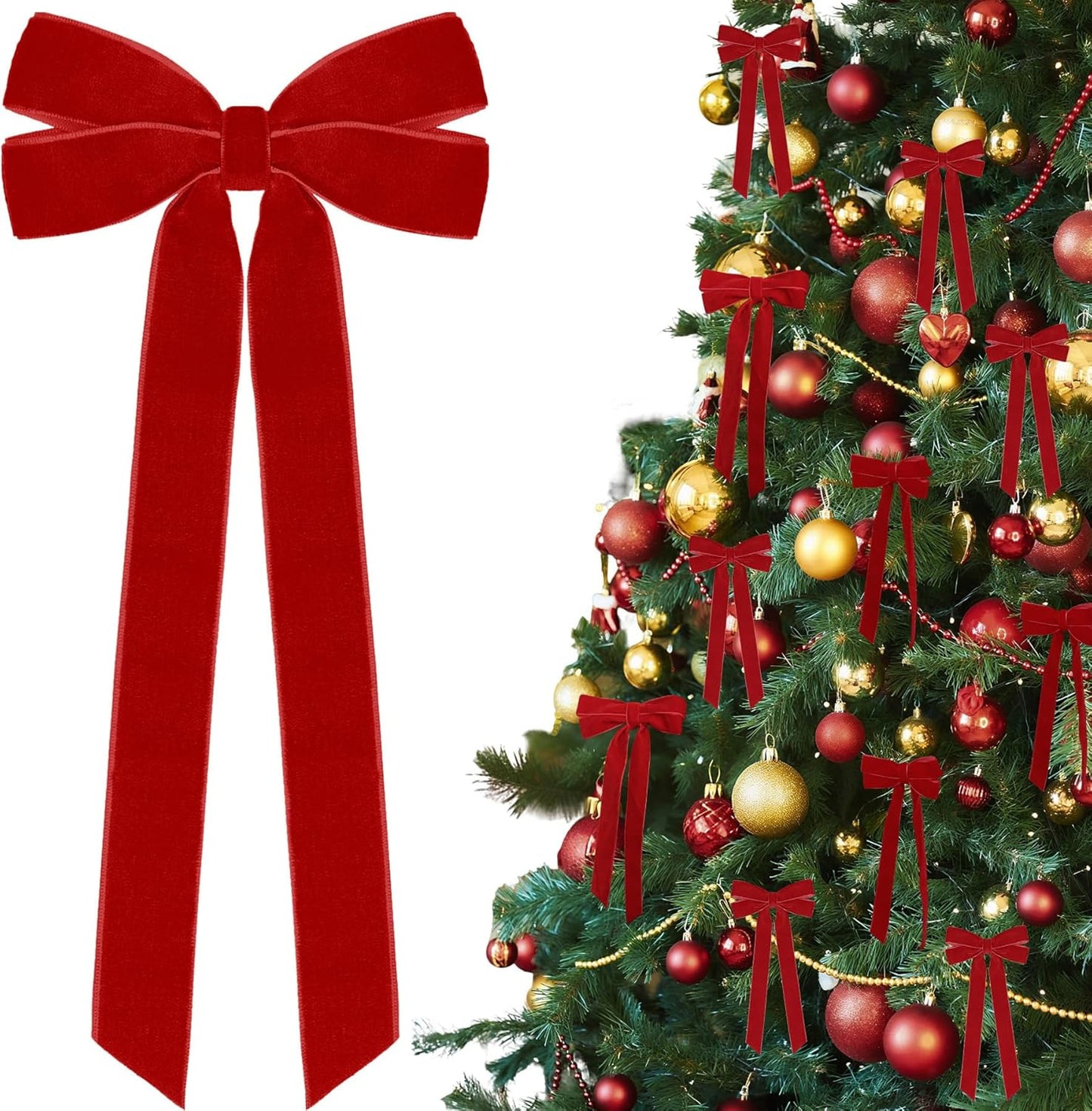 Red Velvet Ribbon Bows by [Brand Name] - 12Pcs Christmas Tree Decorations | 5in x 10in Holiday Ornaments