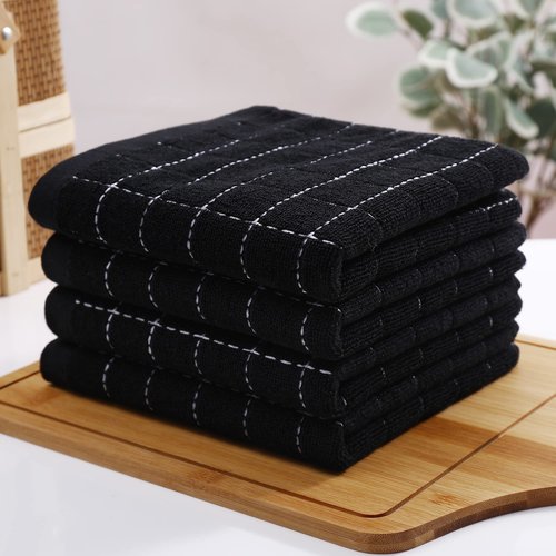 Homaxy 100% Cotton Terry Kitchen Towels(Black, 13 x 28 inches), Checkered Designed, Soft and Super Absorbent Dish Towels, 2 Pack