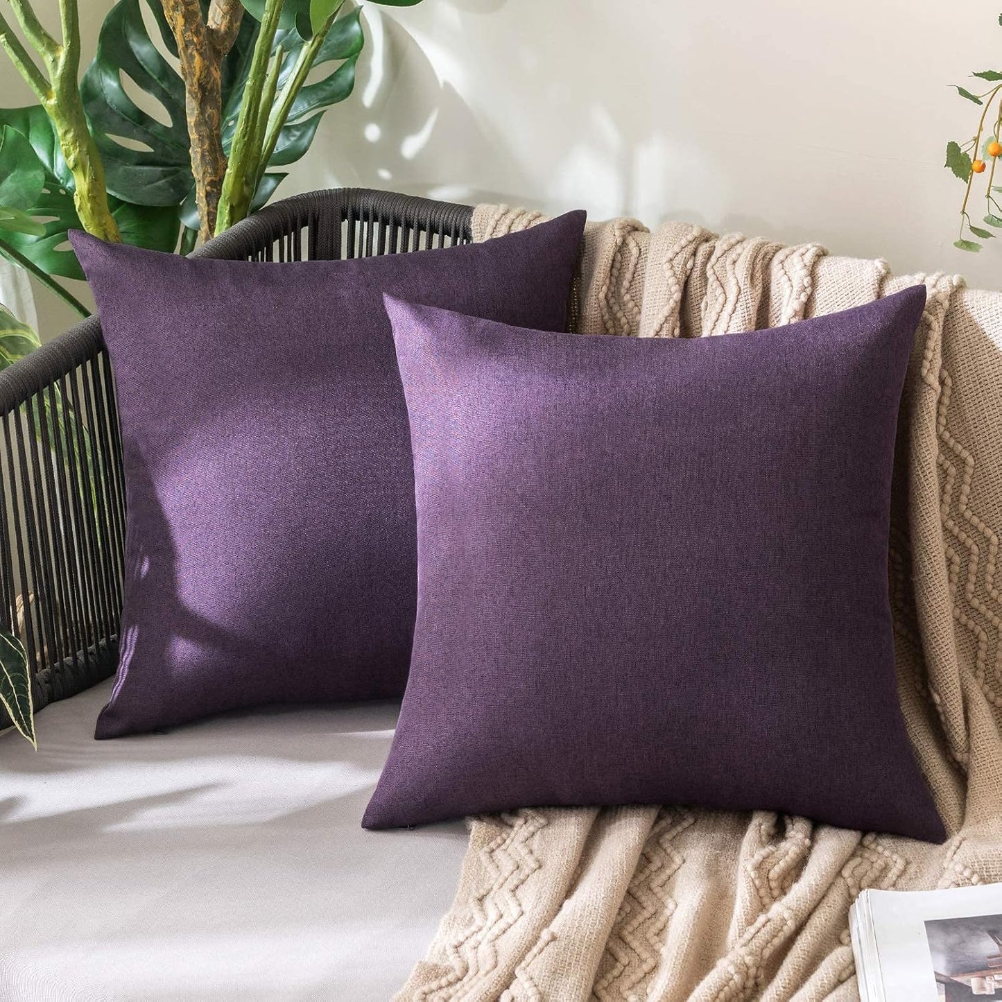 MIULEE Decorative Outdoor Throw Pillow Covers - Waterproof Faux Linen Cushion Cases | 20x20 Inch Purple (Pack of 2)