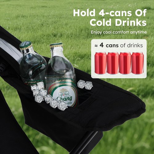 ALPHA CAMP Heavy Duty Camping Chairs - 350LBS Capacity with Cooler Bag & Cup Holder | Portable Black 2PC Set
