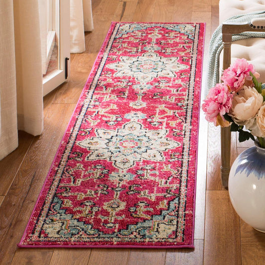 SAFAVIEH Madison Collection Runner Rug - 2'2" x 14', Fuchsia & Blue, Boho Chic Medallion Distressed Design, Non-Shedding & Easy Care, Ideal for High Traffic Areas in Living Room, Bedroom (MAD473A)