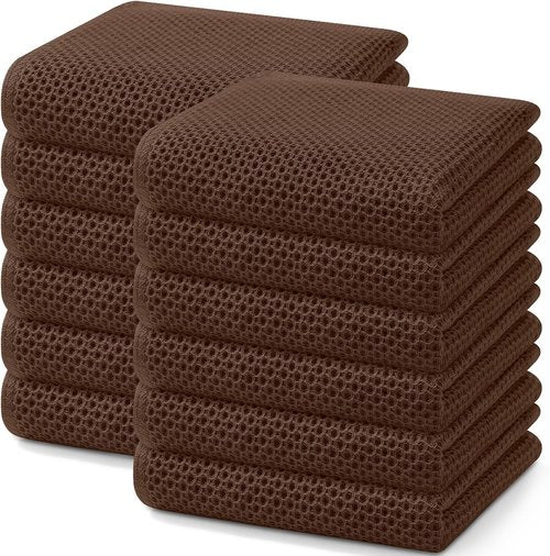 Homaxy Kitchen Dish Towels - Ultra Soft 100% Cotton Waffle Weave, Quick Drying, 12-Pack, Coffee Color, 13 x 28 Inches