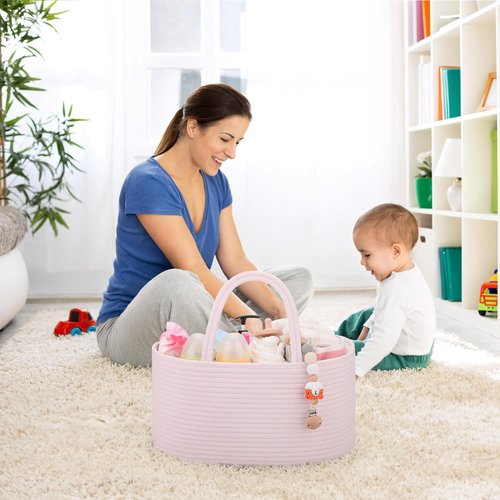 COMSE Baby Diaper Caddy Organizer - Portable Tote Bag with Divider for Newborn Essentials | Light Pink