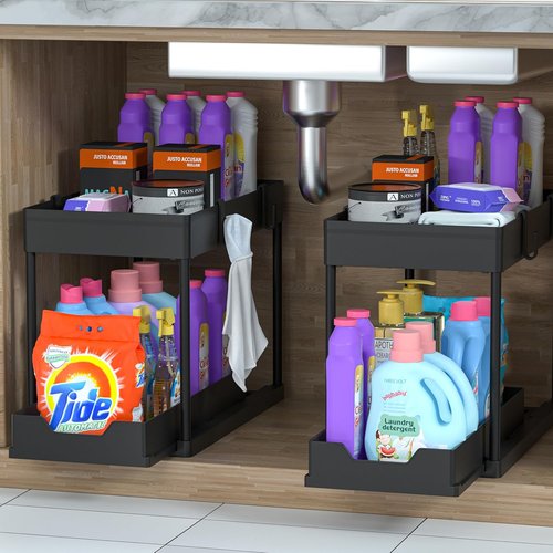 DEKAVA Under Sink Organizer - 2 Pack Bathroom Cabinet Storage Baskets | Multi-Purpose 2 Tier Design (Black)