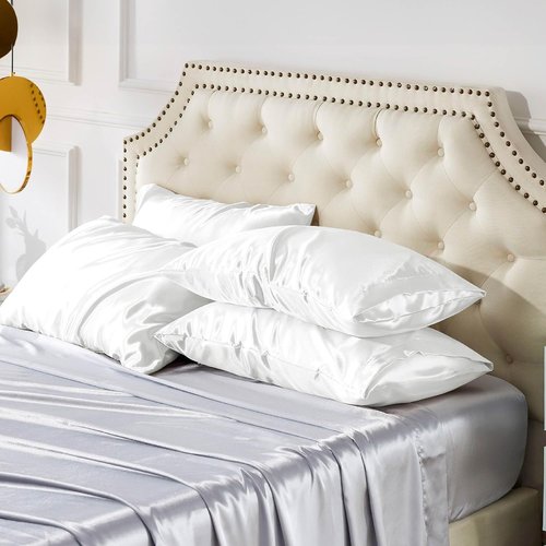 Bedsure King Size Satin Pillowcase Set of 4 - Pure White Silk-Like Covers for Hair & Skin | 20x36 Inches