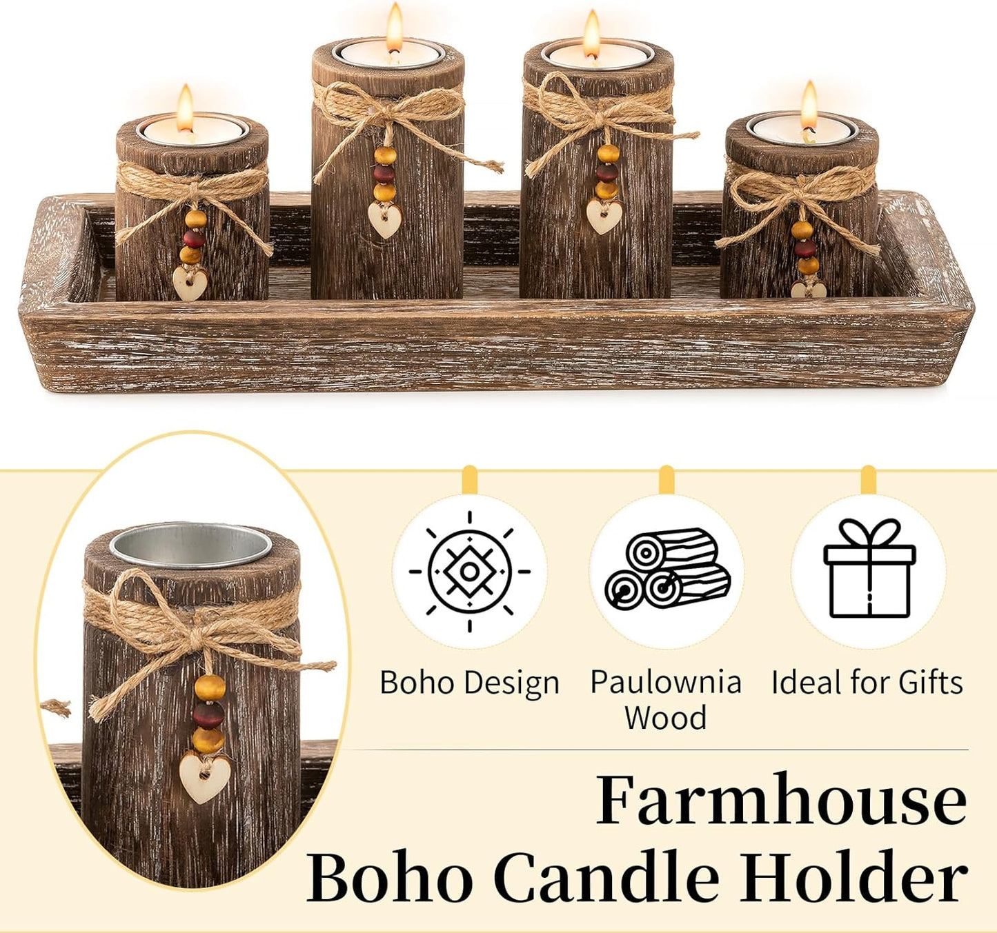 Romadedi Boho Wooden Tray Candle Holder Set - 4 Tealight Holders for Farmhouse Coffee Table Decor