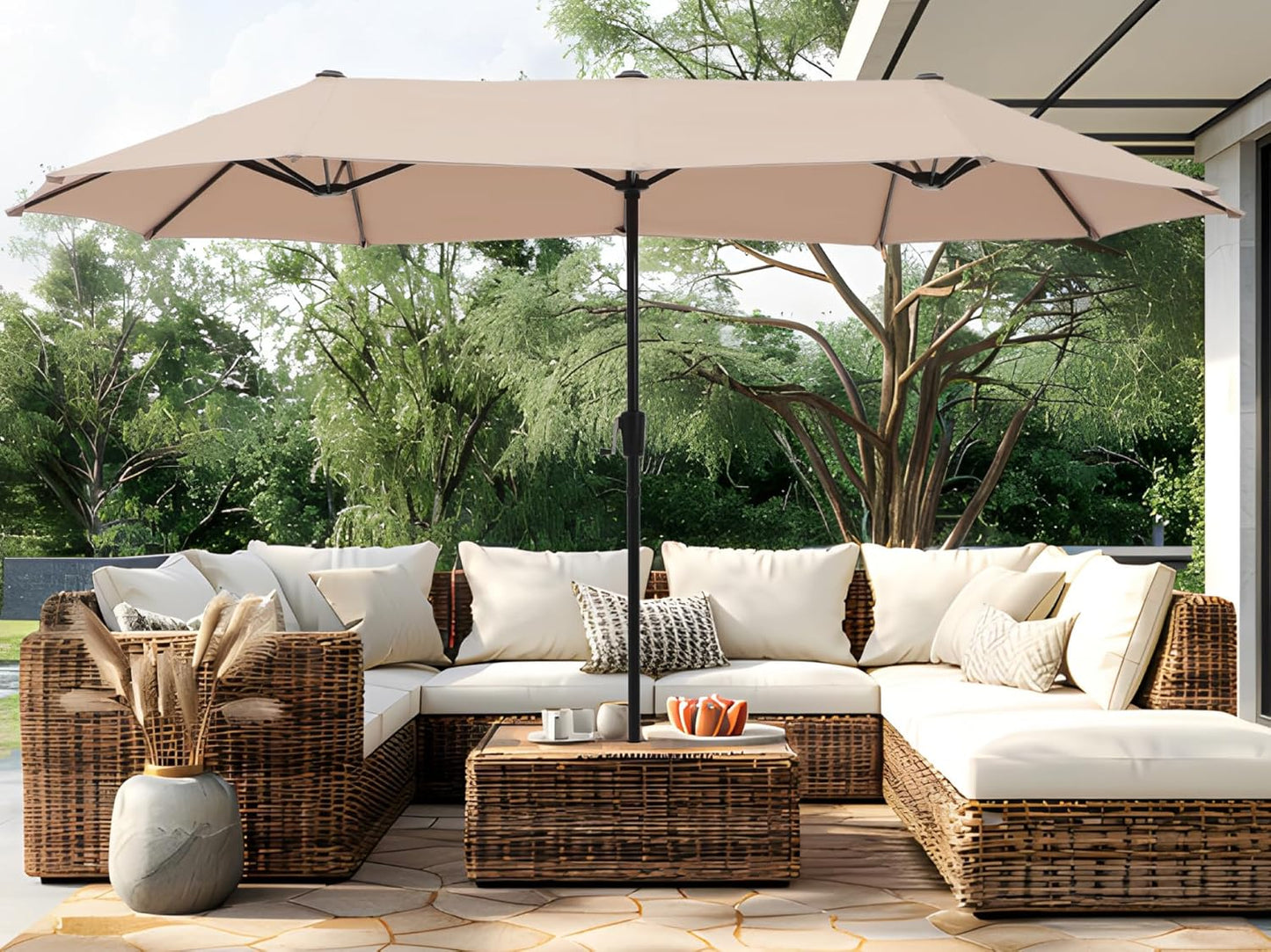 PHI VILLA 13ft Double-Sided Patio Umbrella - Crank Mechanism, Stylish Beige Design