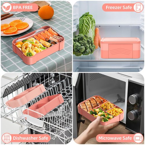 Cherrysea Stackable Bento Box Large Adult Lunch Container 6 Compartments Leakproof Kids Toddler Bento Lunch Box for School, All in One Pink Lunch Box with Adjust Divider for Office, Picnic - 1500ML