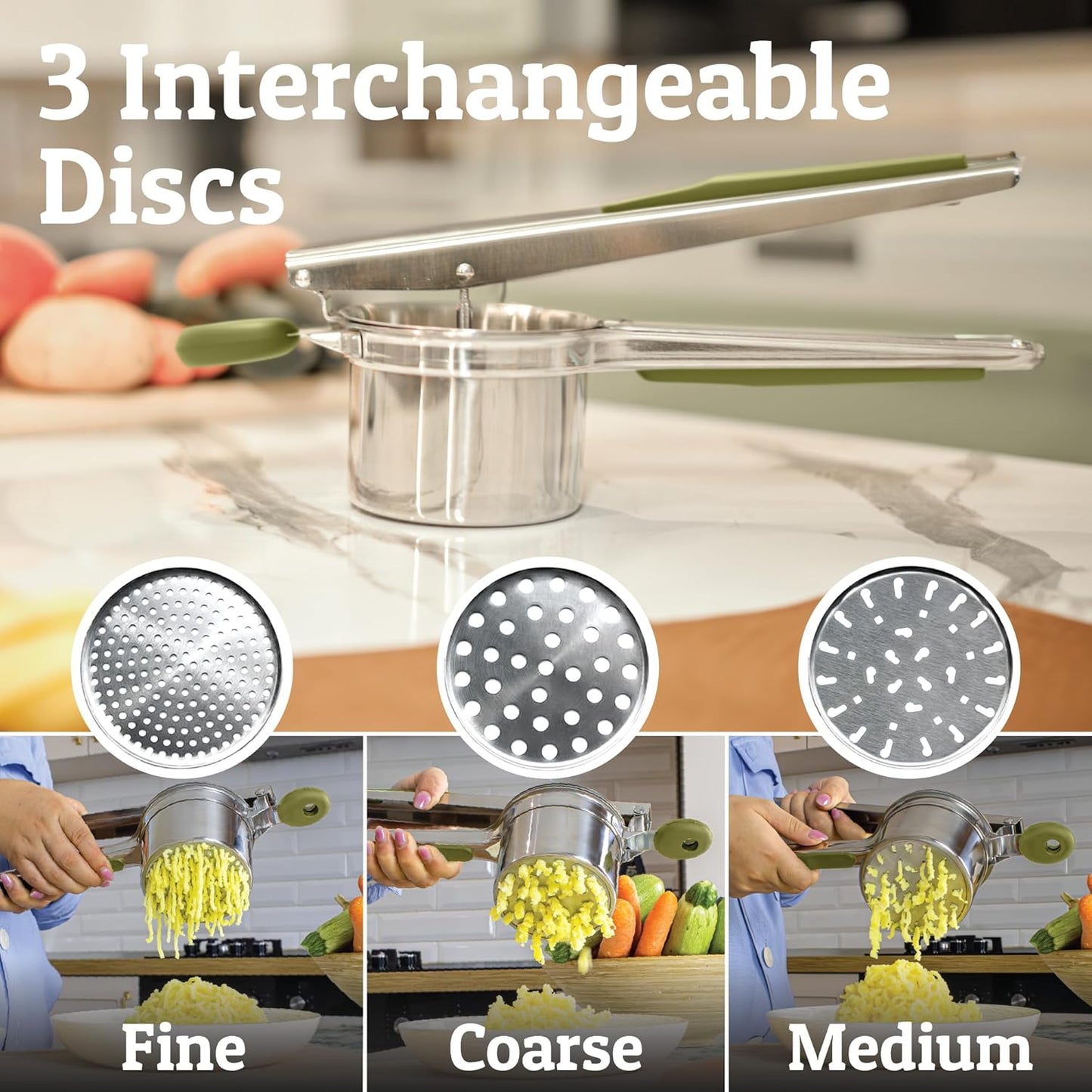PriorityChef 15oz Potato Ricer - Heavy Duty Stainless Steel Masher with 3 Discs | Olive Green
