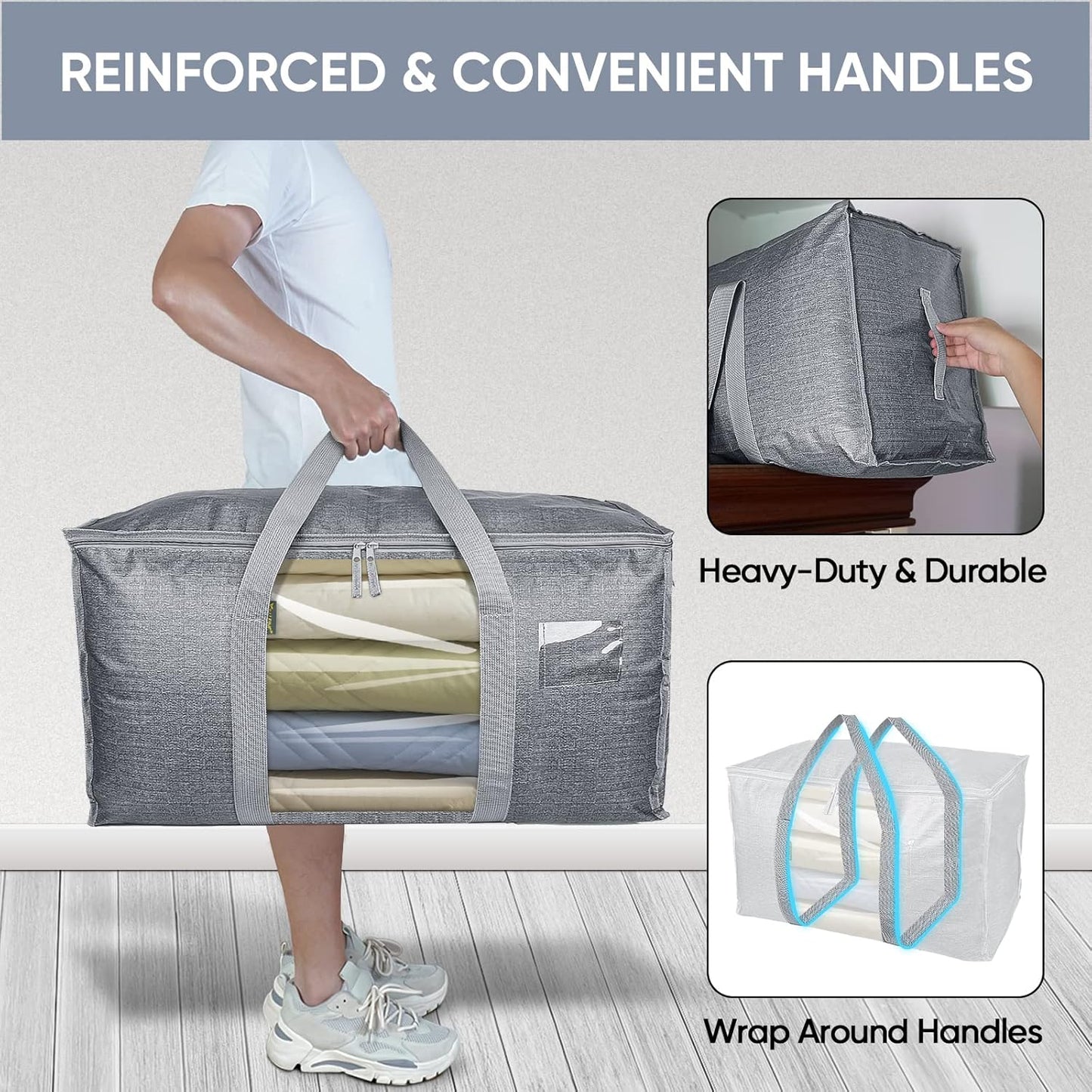 BALEINE Oversized Moving Bags - Heavy-Duty Storage Totes with Reinforced Handles | Gray w/Window, 4-Pack