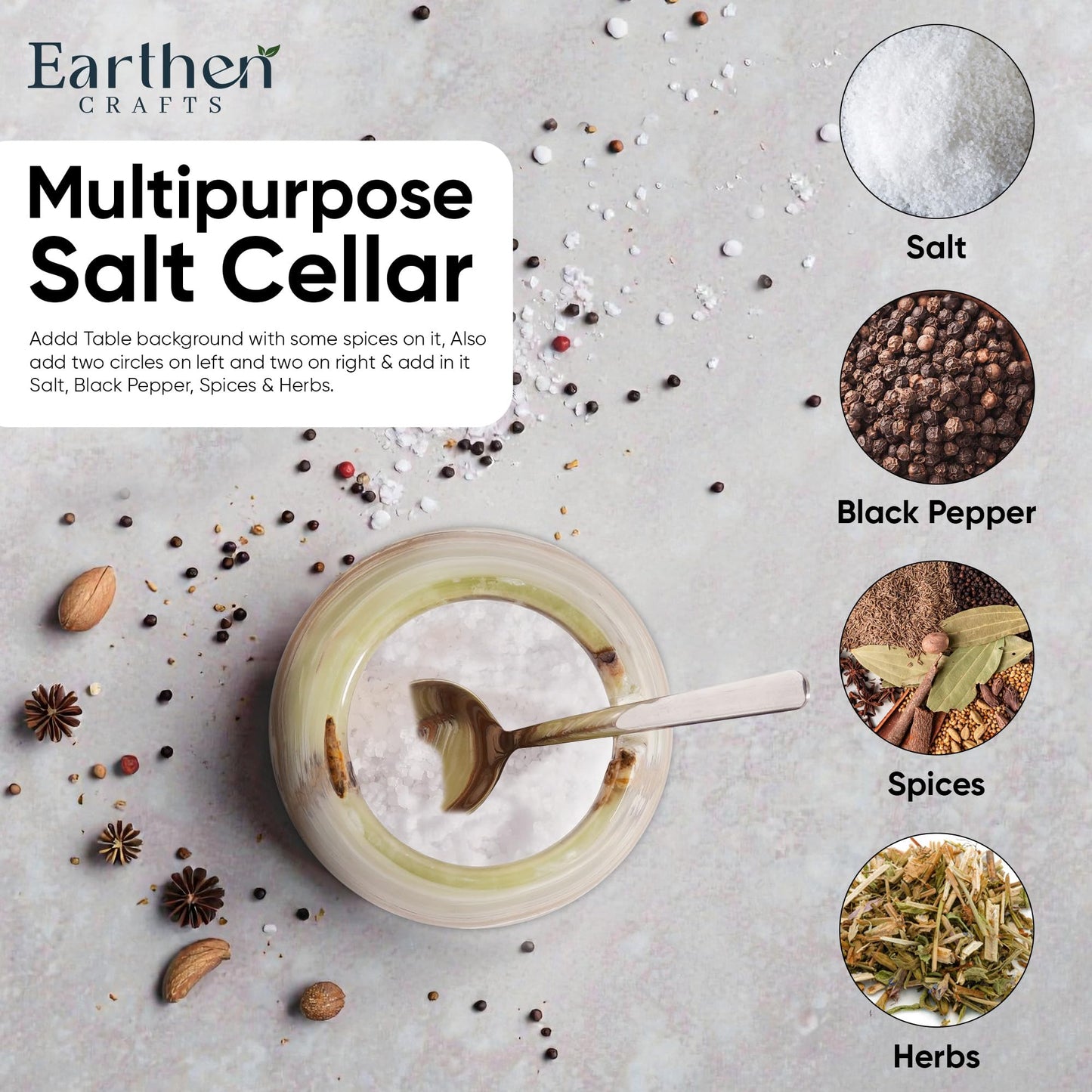 Earthen Crafts Marble Salt Cellar with Lid Green 3 Inches Salt Box Spice Storage Container Seasoning Jar with Spoon, Modern Salt Keeper for Kitchen Countertop, 3 OZ Capacity