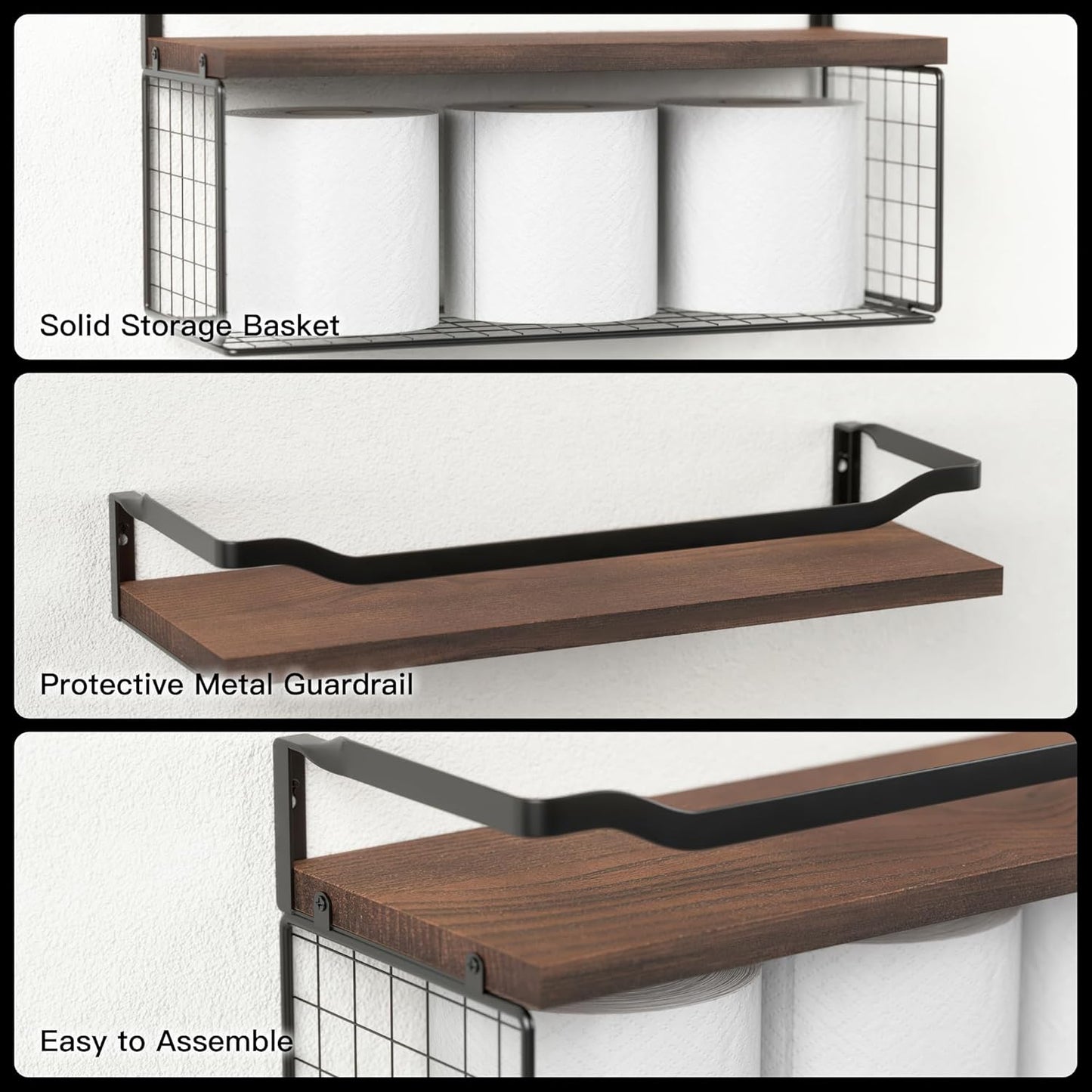 WOPITUES Floating Shelves - Wood Wall Storage with Wire Basket & Metal Guardrail - Dark Brown