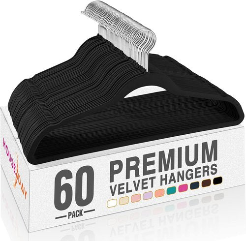 HOUSE DAY Black Velvet Hangers - 60 Pack Non-Slip Heavy Duty Felt Hangers for Space-Saving Closet Organization
