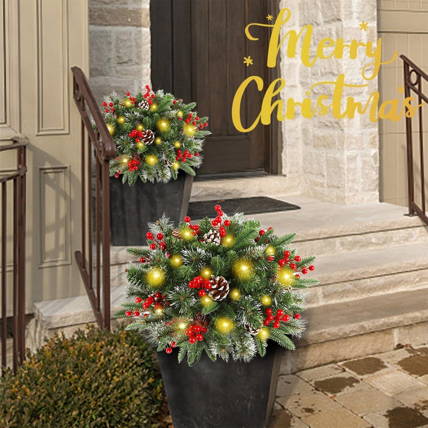 Juegoal Pre-Lit Christmas Tree Urn Filler - Lighted Artificial Pine Trees with 8 Modes & Timer | Battery Powered Outdoor Holiday Decor
