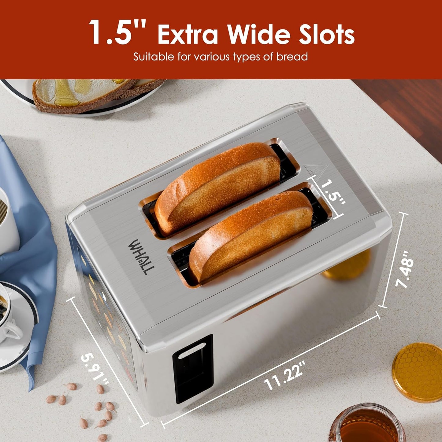 WHALL Touch Screen Toaster - 2 Slice Smart Toaster with Digital Timer & 6 Shade Settings | Silver