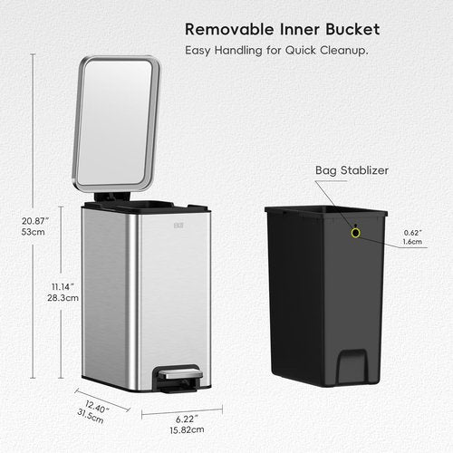 EKO Small Bathroom Trash Can - Stainless Steel, Soft Close Lid, 6 Liter | Anti-Fingerprint Finish (Silver)