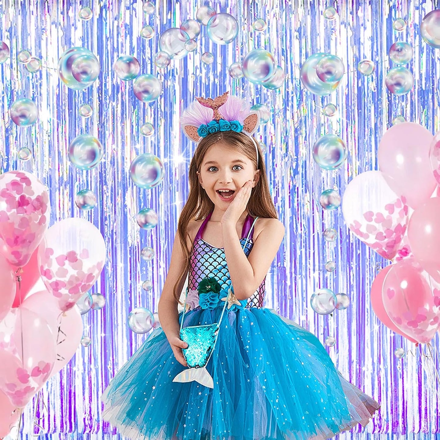 Skiennix Iridescent Party Streamers - Tinsel Foil Fringe Curtains & Colorful Bubble Garlands | Ocean Party Decor