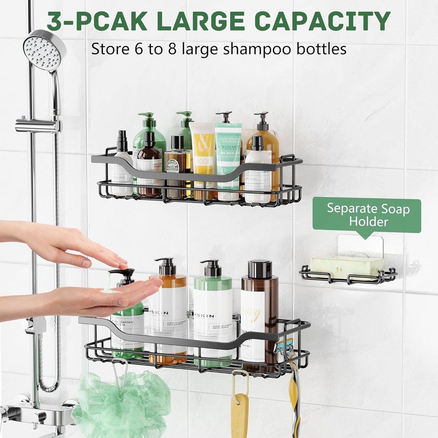 OMAIRA Shower Caddy - 3-Pack Rustproof No-Drill Organizer with Soap Holder for Smooth Walls | Large Size
