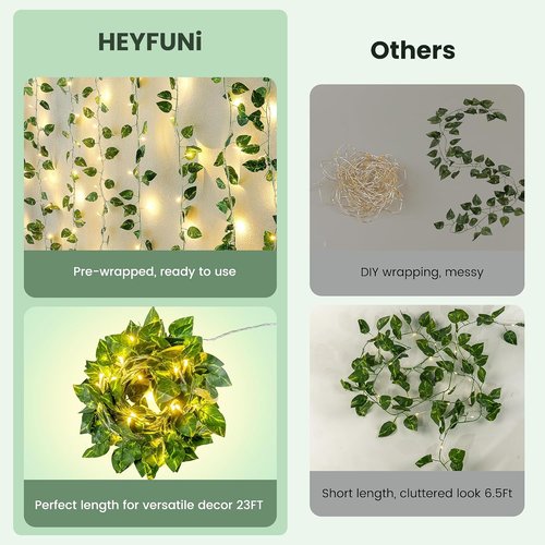 HEYFUNi Faux Pothos String Lights - 23 Ft with 73 LED Warm White Leaf Lights for Bedroom & Wedding Decor